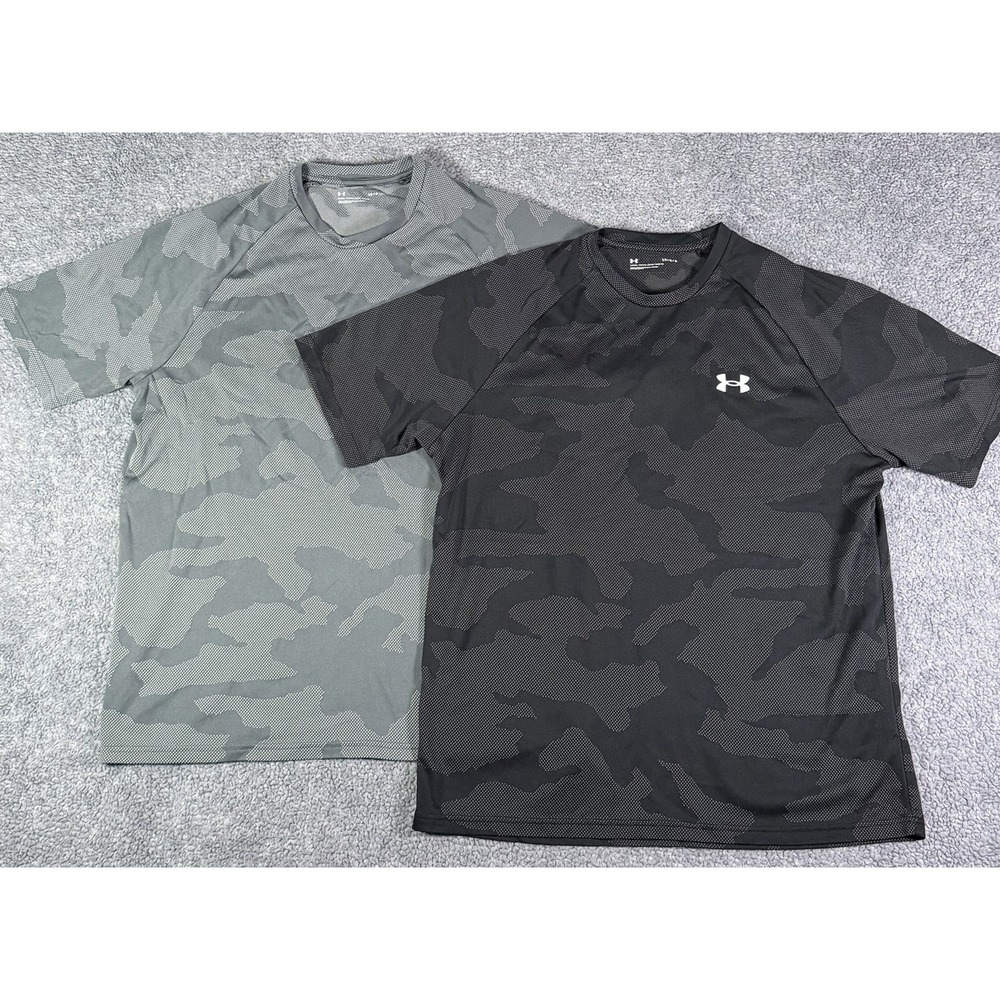 Under Armour Shirt Mens Large Velocity Jacquard Camo Gray & Black Loose Lot Of 2